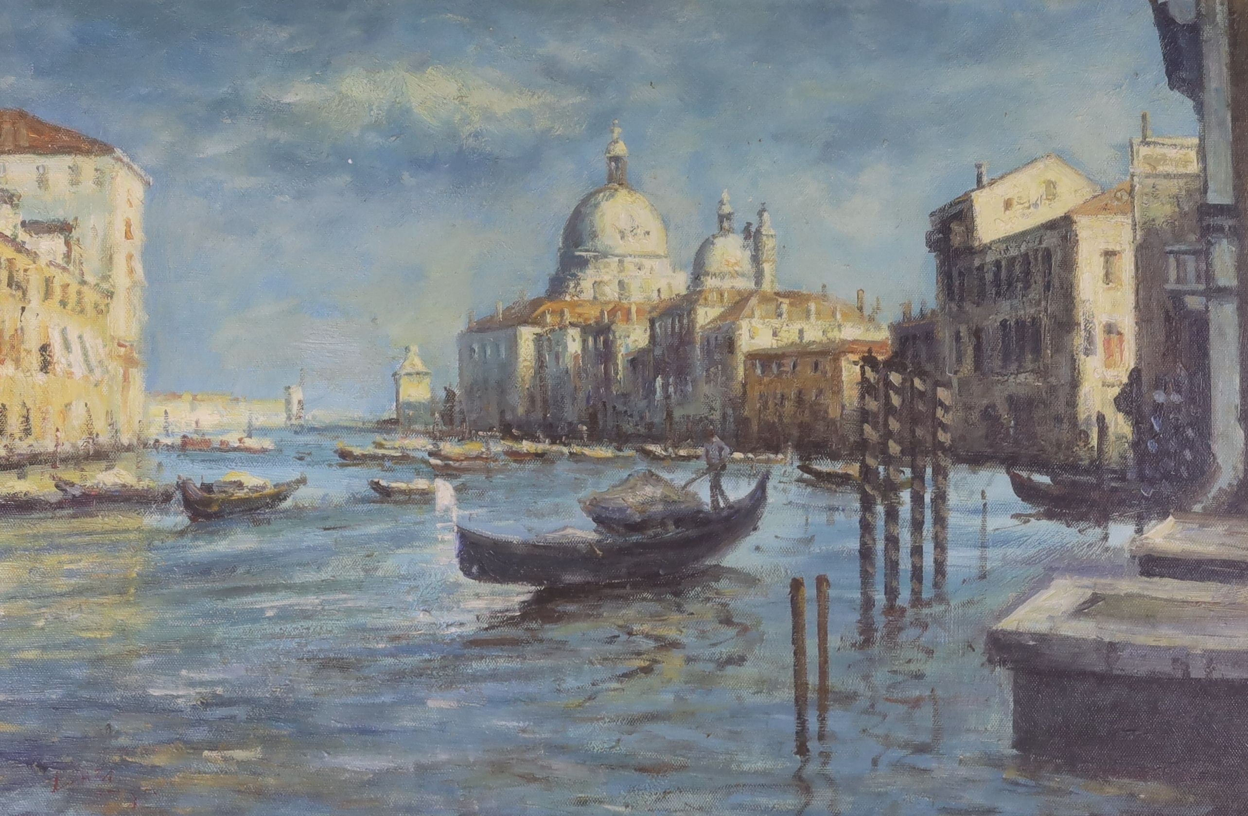 After Luigi Lanza (1860-1913), oil on board, View of Venice, bears signatures, 35 x 52cm